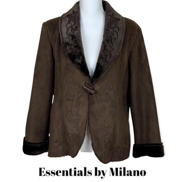 Essentials by Milano Vegan Suede & Fur Embroidered Coat NWOT Size L - Picture 1 of 11